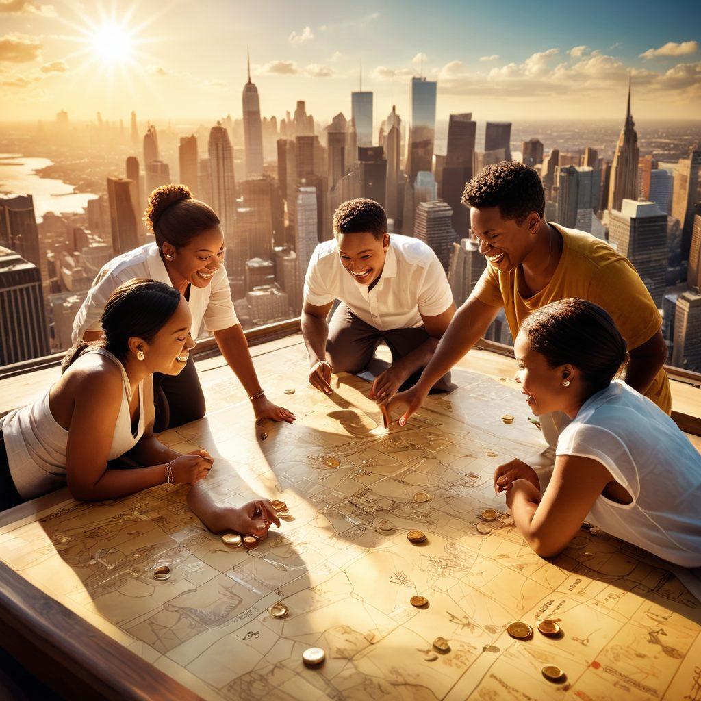 A diverse group of individuals collaborating around a large treasure map filled with financial symbols like gold coins, stocks, and piggy banks. They appear excited and engaged, with a backdrop of a modern city skyline, symbolizing growth and opportunity. Sunlight filters through, highlighting their faces as they uncover hidden treasures together. super-realistic. vibrant colors. dynamic composition.