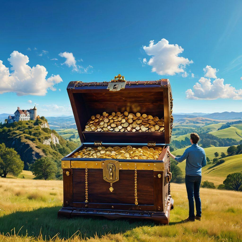 A person standing before a massive, ornate treasure chest overflowing with gold coins, jewels, and scrolls symbolizing unclaimed assets. In the background, a whimsical landscape of rolling hills and a clear blue sky representing financial freedom. The scene is animated with floating question marks and lightbulbs to convey ideas and discovery. Sparkling effects around the treasure for allure. vibrant colors. 3D.