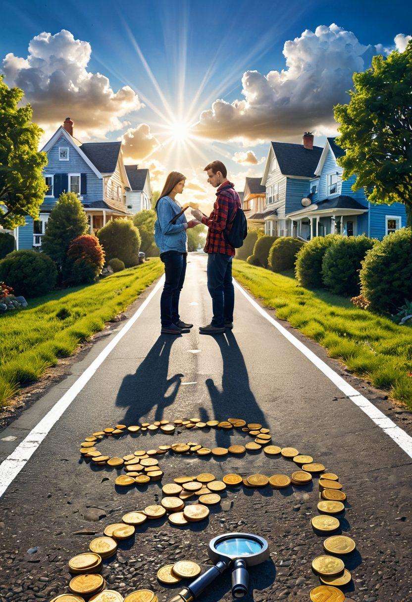 A person standing confidently on a winding road made of coins, holding a magnifying glass, searching for hidden treasures, with symbols of property like houses and cars in the background. The sky is bright and inspiring, with rays of sunlight breaking through clouds symbolizing hope and recovery. Elements of technology, like digital graphs and tools, are subtly integrated into the landscape. vibrant colors. super-realistic.